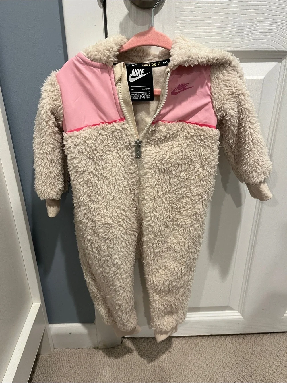 Nike Cream Sherpa Baby One-Piece with Pink Yoke